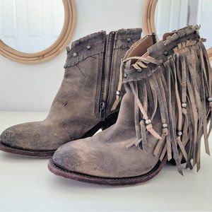 LUCCHESE - Farrah Handmade Leather Beaded Fringe Ankle Booties - Size 8 - Tan